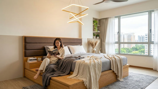 Modern Singapore bedroom styled with lightweight throw blankets and breathable bedding suitable for tropical humid climate