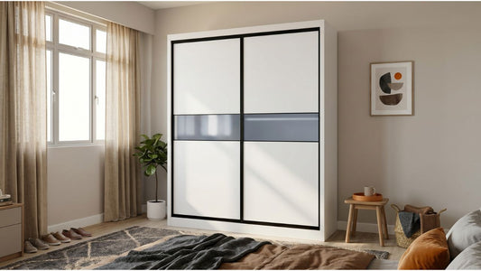Modern Singapore bedroom with white swing-door wardrobe, blue grey accent panel, bed, window, and warm neutral decor