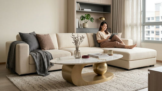 Modern Singapore living room featuring a luxury nested coffee table collection with marble top and gold metal base alongside a contemporary grey sofa set