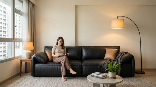 Modern Singapore living room with black leather sofa, warm table lamp and minimalist floor lamp styling beside large apartment windows