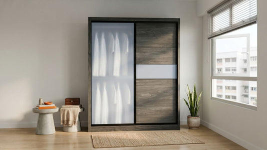 Modern sliding wardrobe with dark wood finish and frosted panels in a bright Singapore bedroom