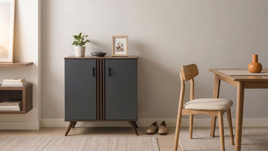 Modern storage cabinet with dark doors and wood finish in a Singapore dining and living area