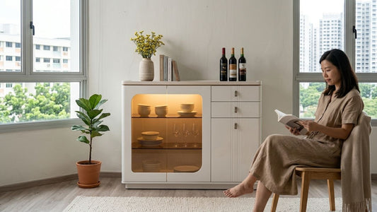 Modern white console table with illuminated glass cabinet doors styled in a contemporary dining and living room space, ideal for hallway and behind-sofa furniture layouts in Singapore homes.