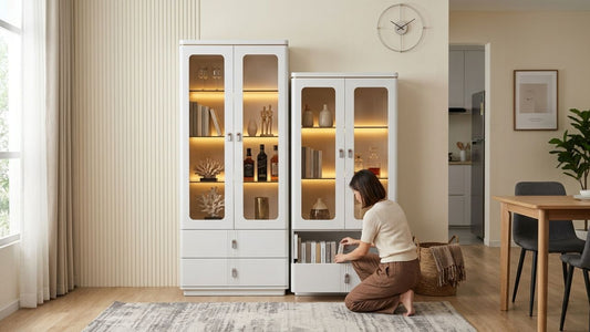 Modern white glass-front display cabinet collection with warm LED lighting in a minimalist living room interior