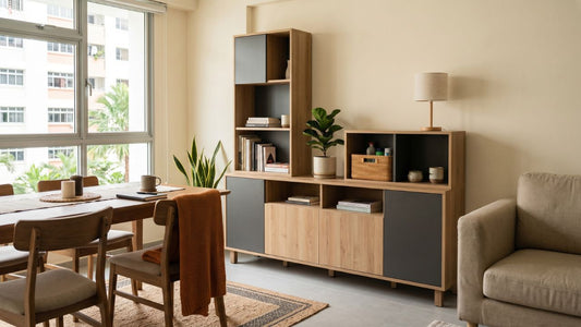Modular storage furniture in a modern Singapore HDB living and dining room with wood shelving, closed cabinets, and adaptable open storage