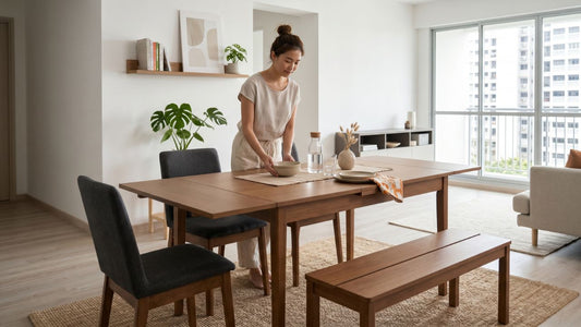 Modular wooden dining set with upholstered chairs and bench in a bright Singapore HDB dining area