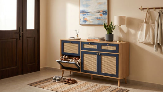 Multi-functional shoe cabinet with hidden storage in a warm Singapore entryway, featuring cane-panel doors, drawers, and space for everyday shoes and essentials.