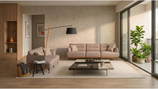 Multi-functional Singapore living room with taupe modular sofas, large rug, coffee table and balcony plants