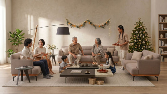 Multi-generational Christmas gathering with beige sofas and coffee table in a spacious Singapore living room