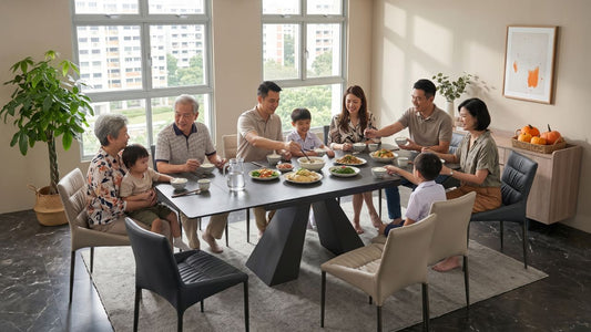 Multi-generational family enjoying a meal around an extendable dining table in a bright Singapore HDB dining area