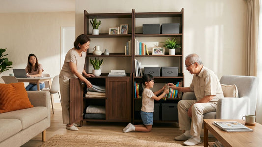 Multi-generational Singapore household with elderly grandparent, parent, and child using a comfortable sectional sofa in a family living room.