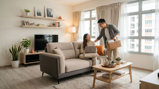 Newlywed couple relaxing in a cosy living room with sofa, coffee table, and TV console in a Singapore flat