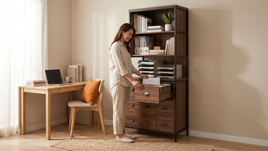 Woman organising files in a wood and charcoal filing cabinet beside a compact home office desk in a Singapore condo living room