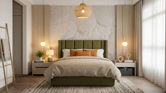 Olive green fabric bed frame with vertical upholstered headboard in a warm modern Singapore bedroom with neutral bedding, bedside tables, soft lighting, and compact storage styling.