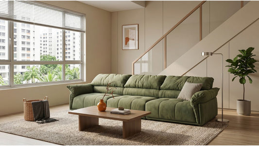 Olive green sofa in an executive maisonette HDB living room with staircase, large window, wooden coffee table, and natural light
