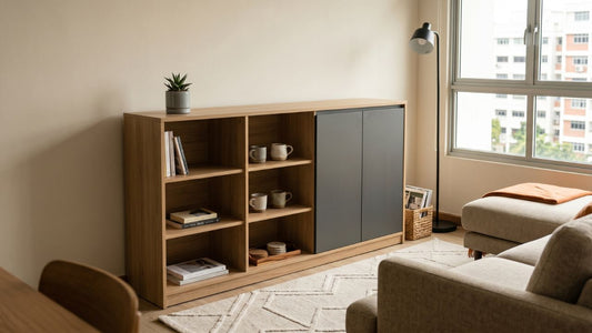 Open shelving vs closed cabinets in a modern Singapore living room storage wall with mixed display and concealed storage