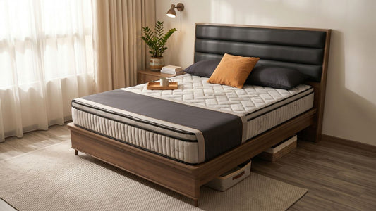 Orthopaedic firm support mattress on a wooden bed frame in a warm modern Singapore bedroom