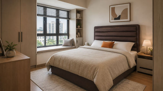 Orthopaedic mattress in a modern Singapore bedroom with brown upholstered bed frame and neutral bedding