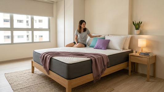 Woman relaxing on a modern mattress in a bright bedroom, showcasing bedroom comfort and support for pillow types comparison including memory foam, latex, down, and microfibre pillows