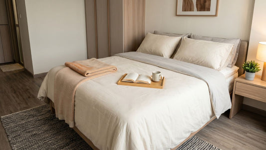 Plush top mattress collection in a warm modern bedroom, showing a cushioned pillow-top style mattress on a wooden bed frame with neutral bedding and natural light.