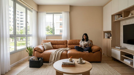 Modern PU leather sofa collection in a cosy minimalist living room, showcasing an affordable leather alternative with warm brown upholstery and contemporary styling.