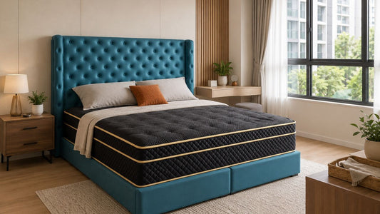 Queen vs king mattress in a modern Singapore condo bedroom with teal tufted bed frame and practical walking space