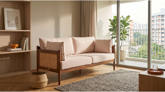 Rattan and fabric sofa with wooden frame in a bright Singapore living room with natural window light