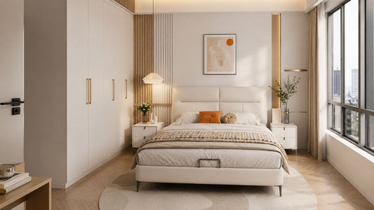 White upholstered bed in a modern Singapore bedroom showing realistic furniture quality expectations by budget