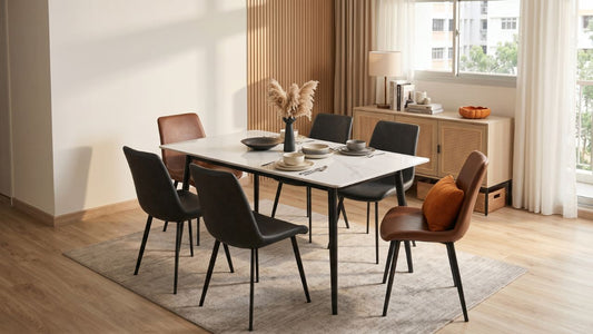 Rectangular marble dining table with six mixed dining chairs in a warm Singapore HDB dining room