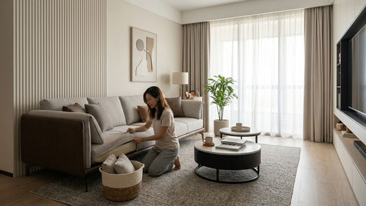 Modern removable cover sofa collection in a bright minimalist living room with easy-wash fabric cushions and cosy contemporary styling