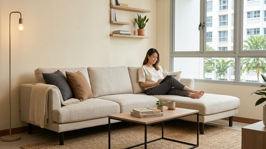 Modern neutral-toned living room with rented sofa furniture in a short-term apartment setup for flexible urban living