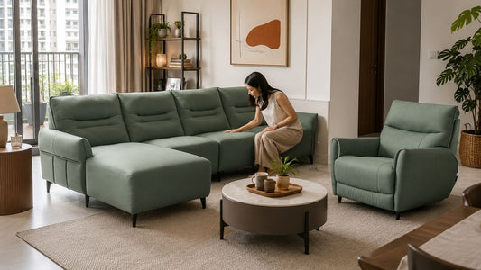 Singapore woman inspecting a sage green sectional sofa in a modern HDB living room, showing when reupholstering old furniture is worth it.