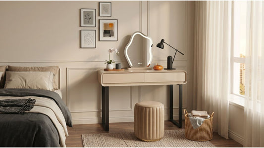 Round cream vanity stool with modern dressing table, LED mirror, and bedside styling in a calm Singapore bedroom