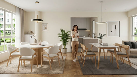 Modern round vs rectangular dining tables in a minimalist Singapore HDB dining space with Scandinavian wood furniture and neutral interior styling