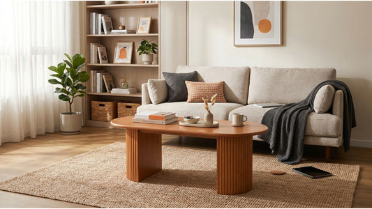 Rubberwood coffee table with beige sofa and throw pillows in a warm Singapore HDB living room