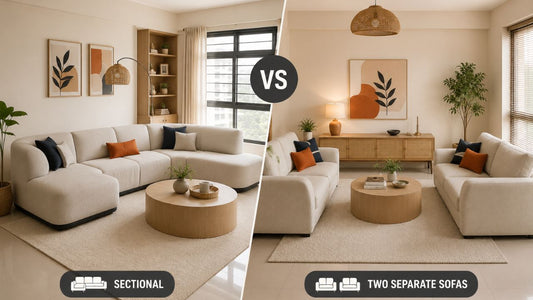 Sectional sofa vs two separate sofas comparison in a modern Singapore living room with neutral furniture, warm wood accents, and space-smart layout ideas.