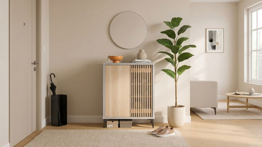 Light wood shoe cabinet with slatted door in a modern Singapore foyer, styled with mirror, plant, shoes, and warm neutral decor