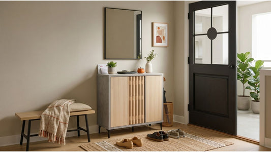 Shoe cabinet with seating bench in a modern Singapore foyer with mirror, plants, and entryway shoes