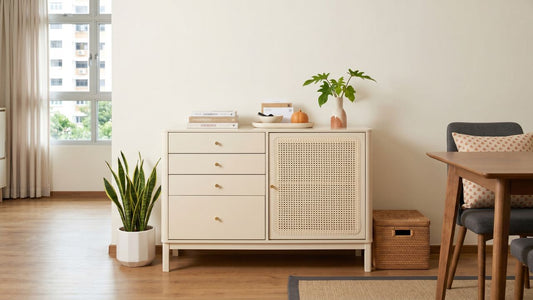 Cream rattan sideboard and buffet cabinet styled beside a dining table in a bright Singapore HDB dining room with warm wood flooring and natural daylight.