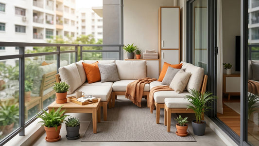 Small Singapore balcony with foldable bistro table, cushioned chairs, plants, and indoor sofa for practical HDB and condo outdoor furniture planning