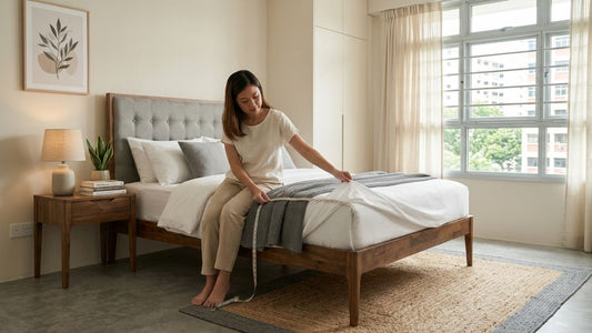 Woman arranging cream bedsheets on a wooden bed frame in a modern Singapore bedroom showing proper mattress and bedsheet fit