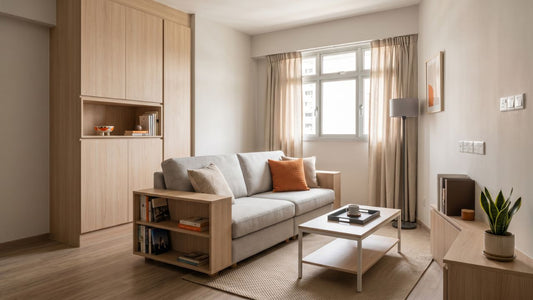Modern Singapore HDB living room with sofa, TV console, built-in storage and fixed wall features planned around the layout
