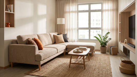 Beige chaise sofa in a bright Singapore HDB living room showing practical furniture spacing, coffee table clearance, TV console layout, and natural daylight.