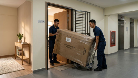 Furniture movers delivering large sofa through apartment lift lobby and doorway in a Singapore residential building