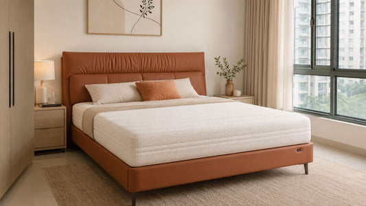 grey upholstered anti-dust-mite mattress in a modern singapore bedroom