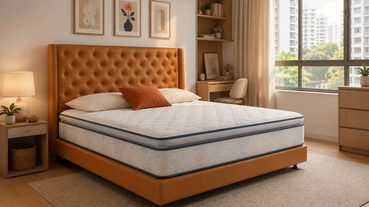 Caramel tufted bed with thick mattress in a modern Singapore HDB or condo bedroom with warm neutral styling.
