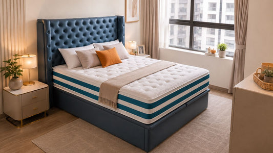Single vs super single mattress in a modern Singapore bedroom with a blue upholstered bed frame, showing practical space planning and comfortable room layout.