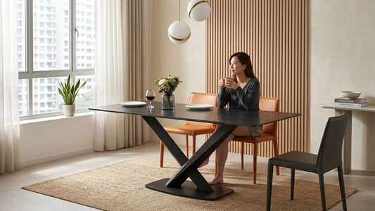 Modern sintered stone dining table with black pedestal base in a minimalist Singapore apartment dining room