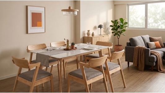 Six-seater dining table with wooden chairs in a bright 4-room HDB living and dining area