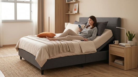 Smart adjustable bed in a modern Singapore bedroom with grey upholstered frame, bedside table, and user controlling the bed position by remote and phone